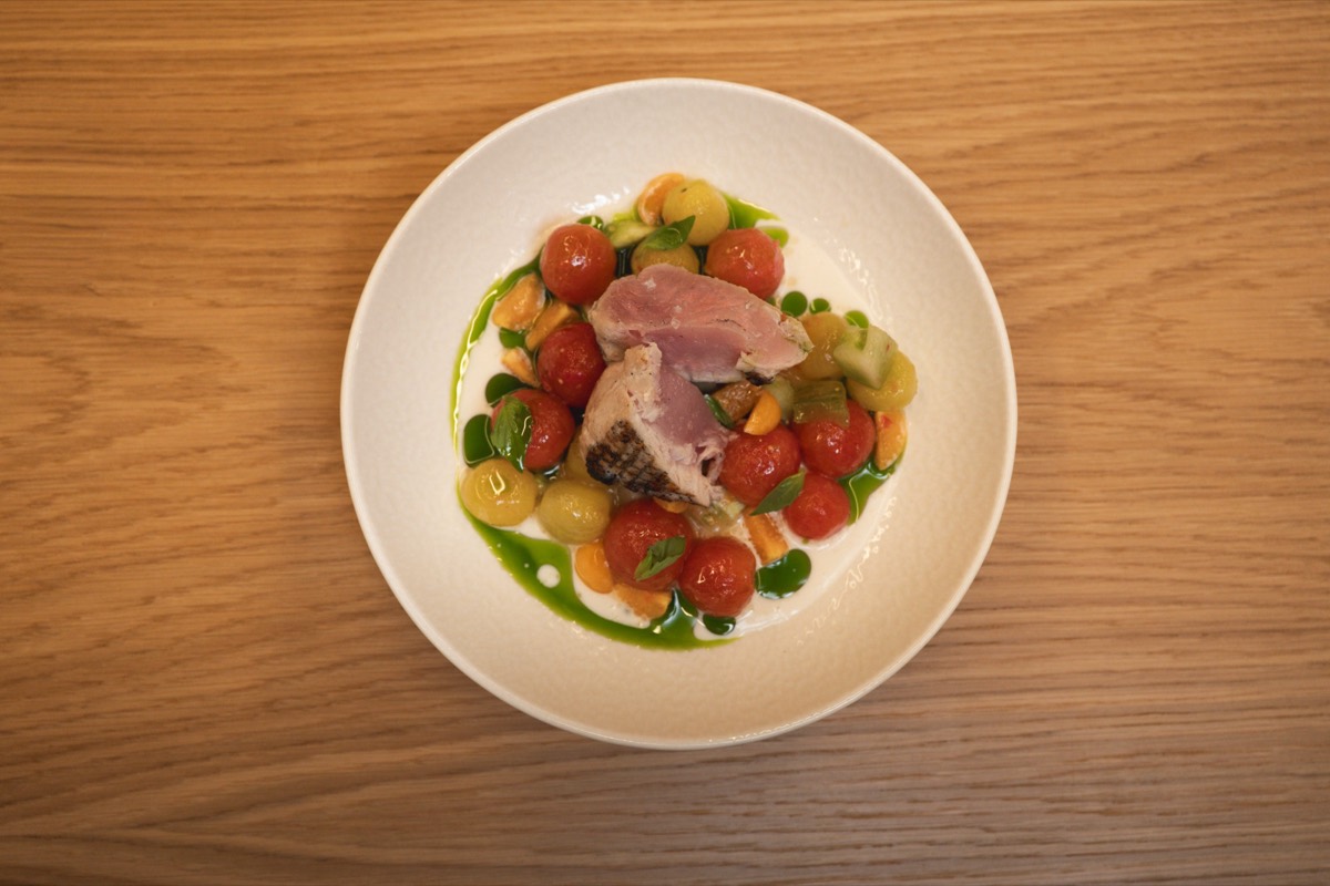 Bonito con tomates y albahaca